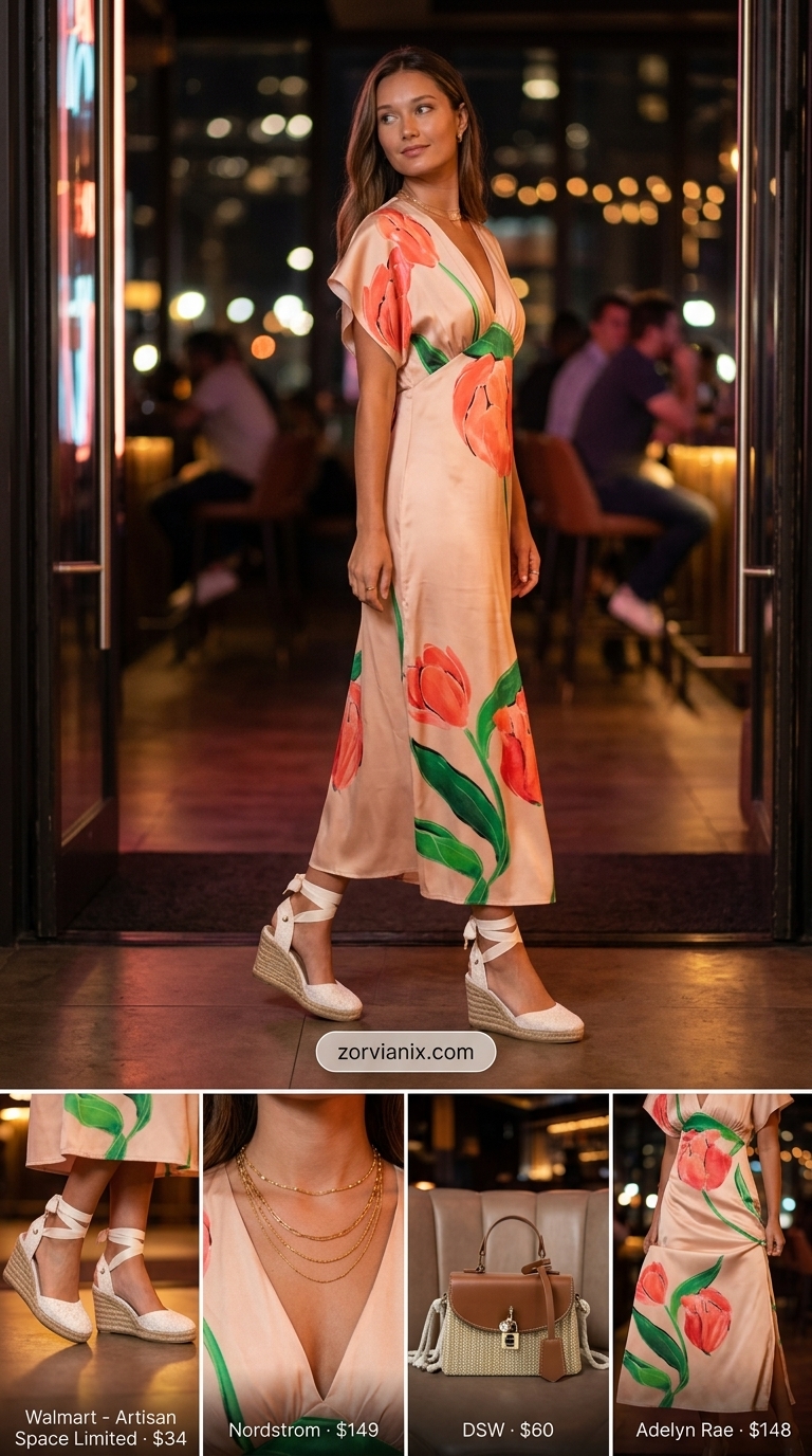 Pastel floral midi dress with gold necklaces, espadrille wedges, and straw bag for summer garden party outfits for women 2026.