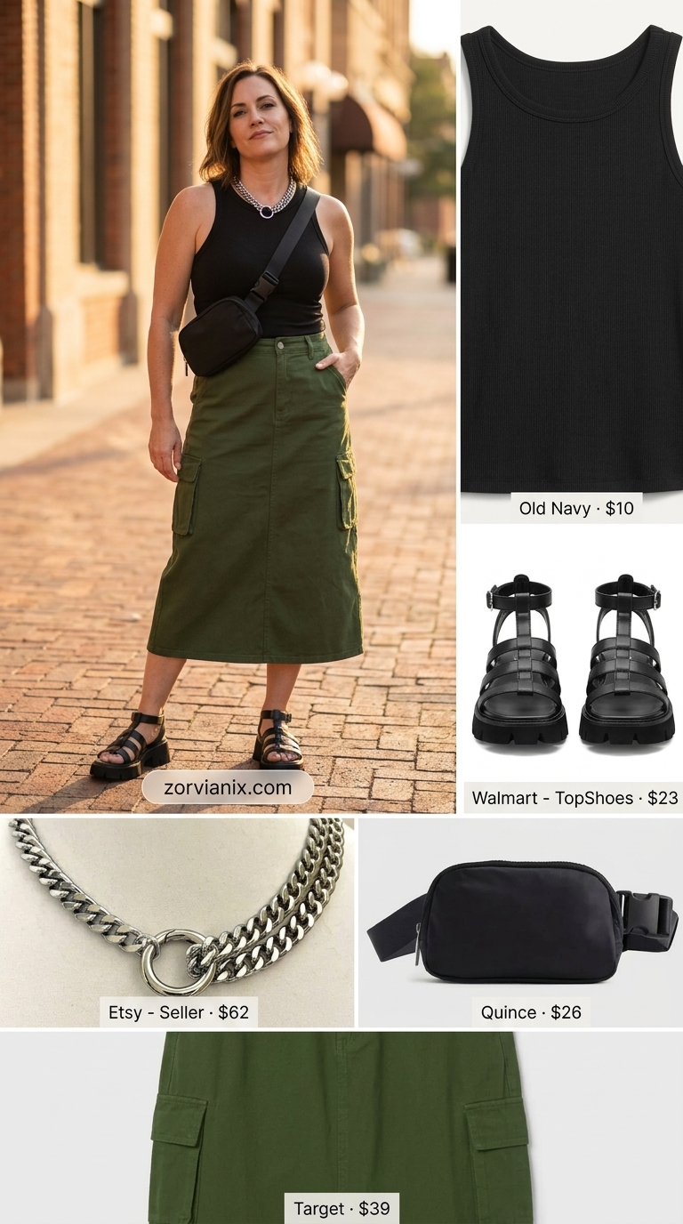 Edgy summer midi skirt outfit 2026: Utility skirt, black tank, platform sandals for city exploration.