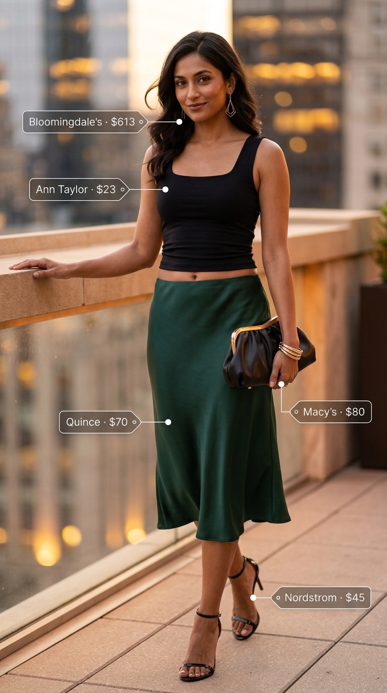 Glamorous summer midi skirt outfit 2026: Emerald satin skirt, black knit top, gold accessories for date night.