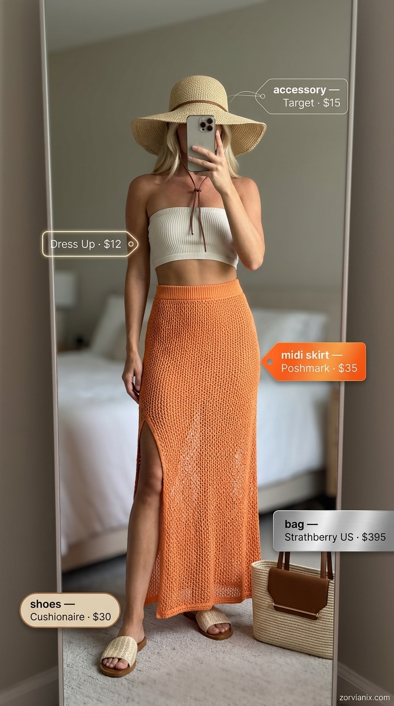 Chic summer midi skirt outfit 2026: Orange knit skirt, cream bandeau top, raffia accessories for resort wear.