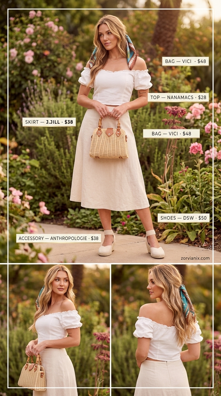 Sky blue linen midi skirt outfit for a picnic in 2026. Sweet daytime date style with cream puff sleeve top.