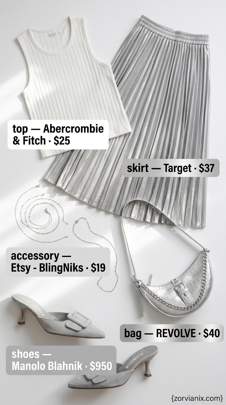 Silver metallic pleated midi skirt outfit for a gallery opening in 2026. Modern chic style with grey heels.