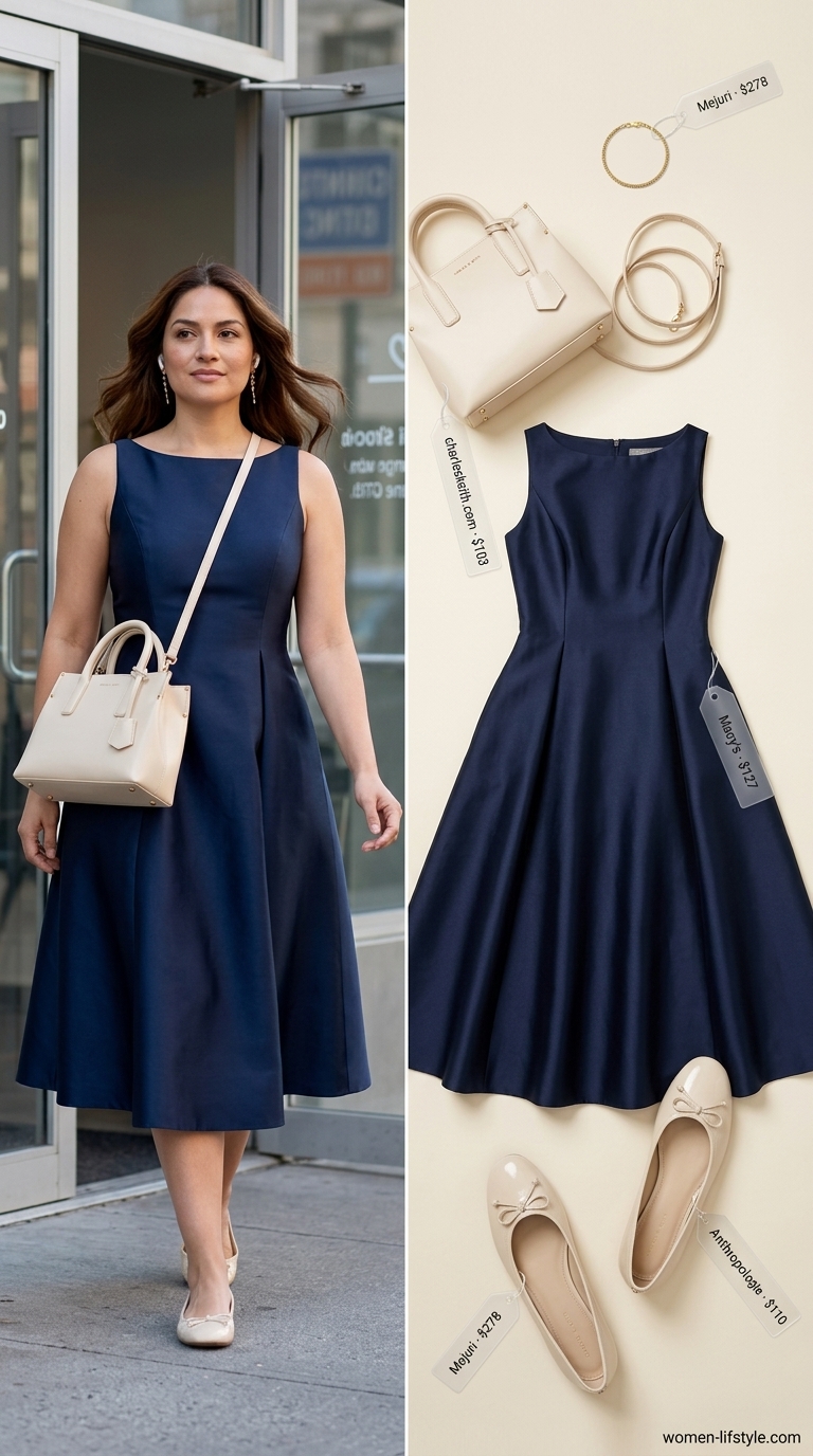 A navy cotton twill sleeveless A-line midi dress, cream ballet flats, and a structured top-handle bag for a polished art gallery look. Find summer cotton sleeveless dresses 2026.