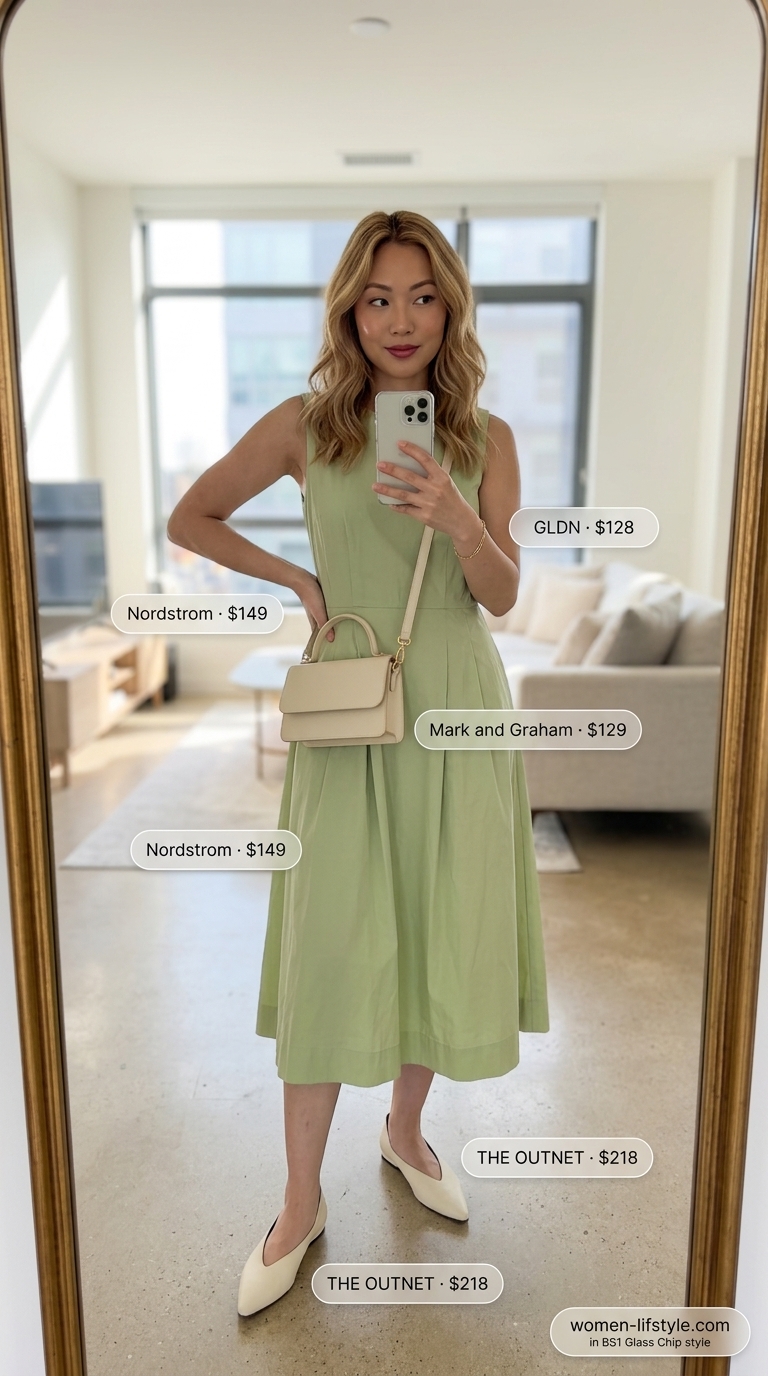 Sophisticated sage green pima cotton sleeveless midi dress with a square neckline, paired with cream flat mules, a delicate gold bracelet, and a structured tan top-handle bag, showcasing summer cotton sleeveless dresses 2026.