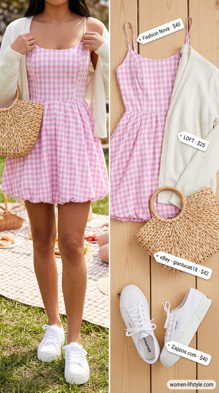 A playful pink and white gingham sleeveless mini dress, white sneakers, and a straw basket bag are perfect for a picnic. Discover summer cotton sleeveless dresses 2026.