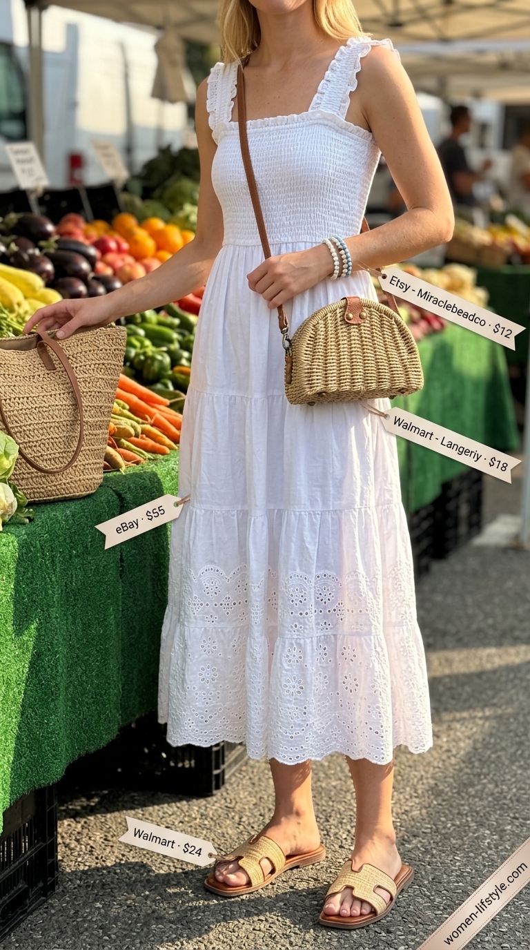 A fresh white cotton sleeveless midi dress with eyelet details, paired with natural tan braided sandals and a straw crossbody bag, perfect for summer cotton sleeveless dresses 2026 at a market.