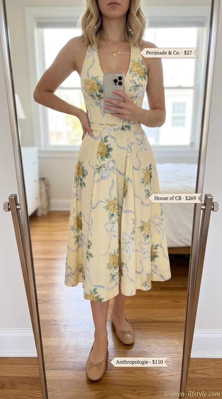 A whimsical pale yellow cotton sleeveless sundress with a white floral print, paired with nude ballet flats and a white basket bag, ideal for summer cotton sleeveless dresses 2026 at a garden party.