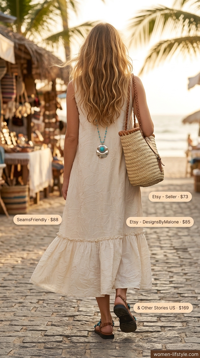 A woman wears an ecru embroidered sleeveless cotton maxi dress with a brown woven tote and flat sandals for a bohemian beach day. Perfect for summer cotton sleeveless dresses 2026.