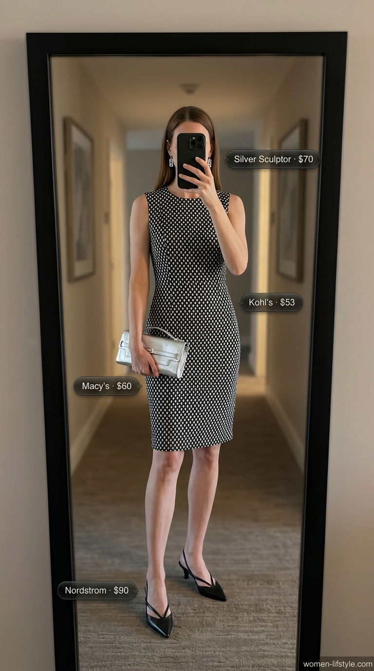 A sophisticated black cotton sleeveless sheath dress with a side slit, styled with white kitten heels, a silver clutch, and architectural earrings, perfect for summer cotton sleeveless dresses 2026.