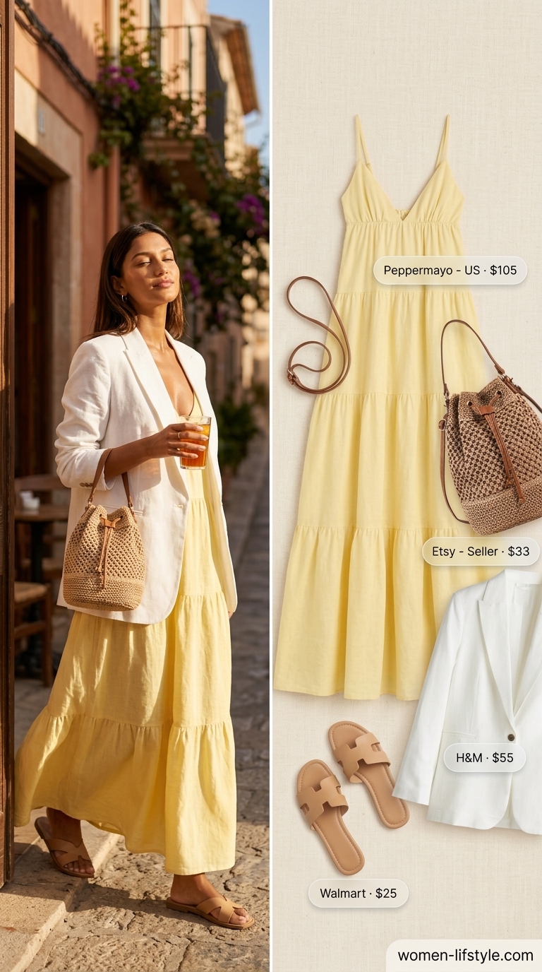 Cheerful sunny yellow washed cotton sleeveless maxi dress with a V-neckline, layered with a white linen blazer, natural raffia bucket bag, and white slide sandals for summer cotton sleeveless dresses 2026.
