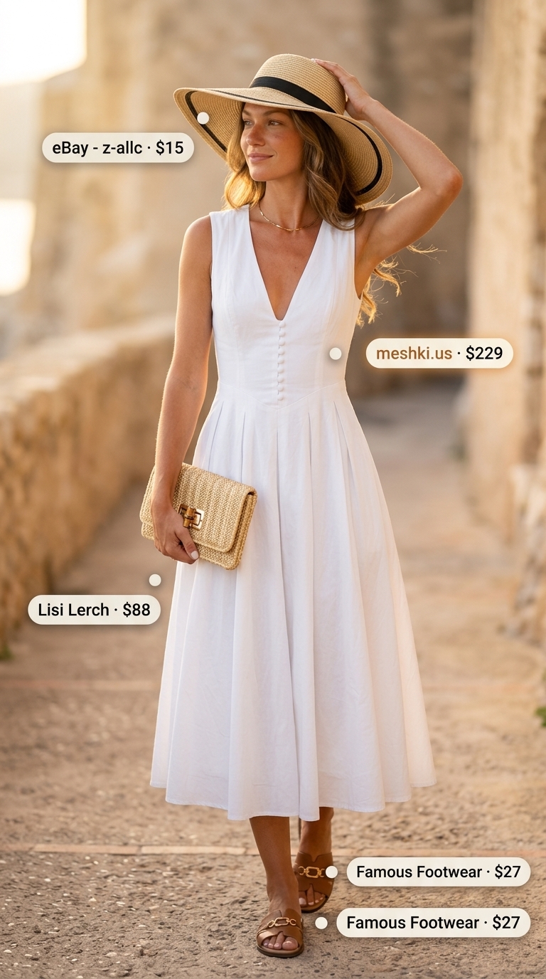An elegant crisp white linen-cotton sleeveless midi dress with a high side slit, paired with metallic gold slide sandals and a straw clutch, perfect for summer cotton sleeveless dresses 2026 on a Riviera getaway.