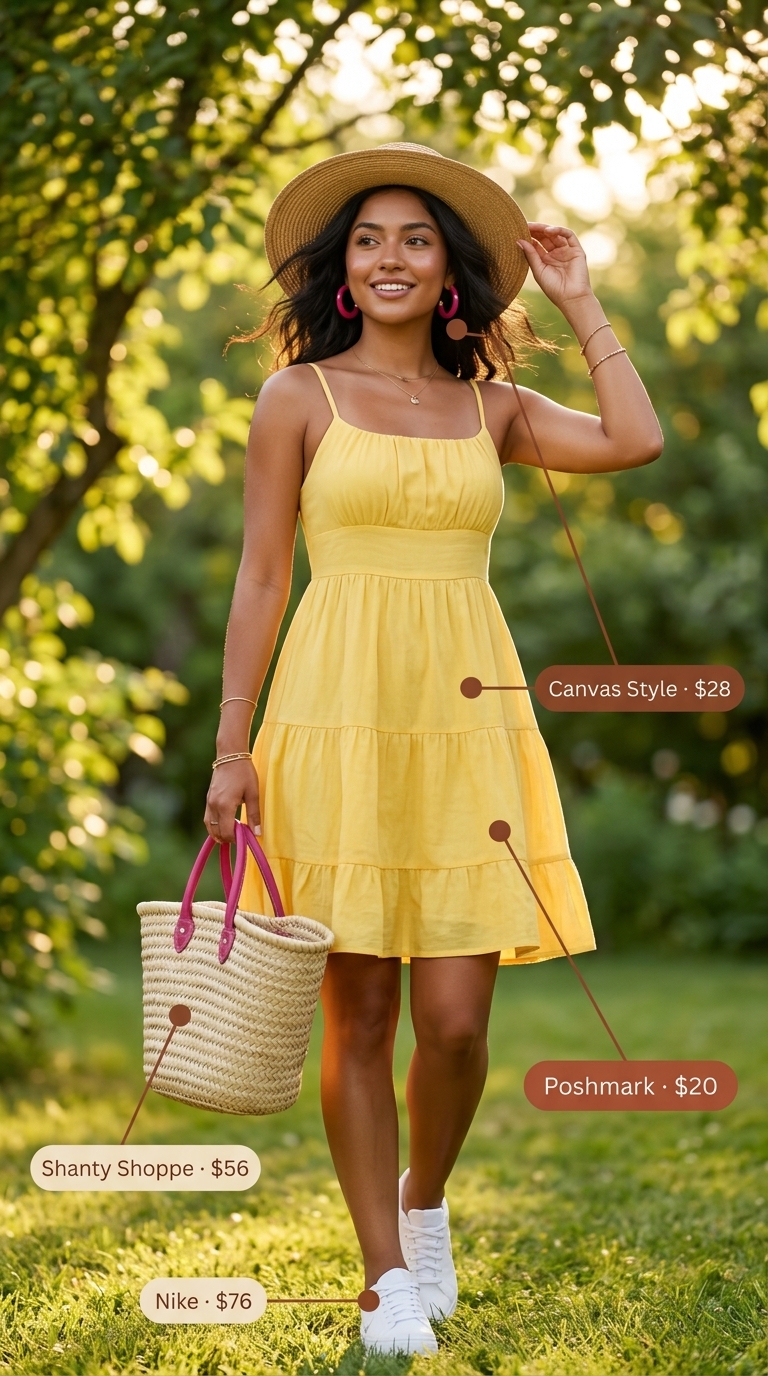 A playful sunny yellow cotton sleeveless mini dress with a fit-and-flare silhouette, paired with white platform sneakers and a fuchsia woven tote, a vibrant choice for summer cotton sleeveless dresses 2026.