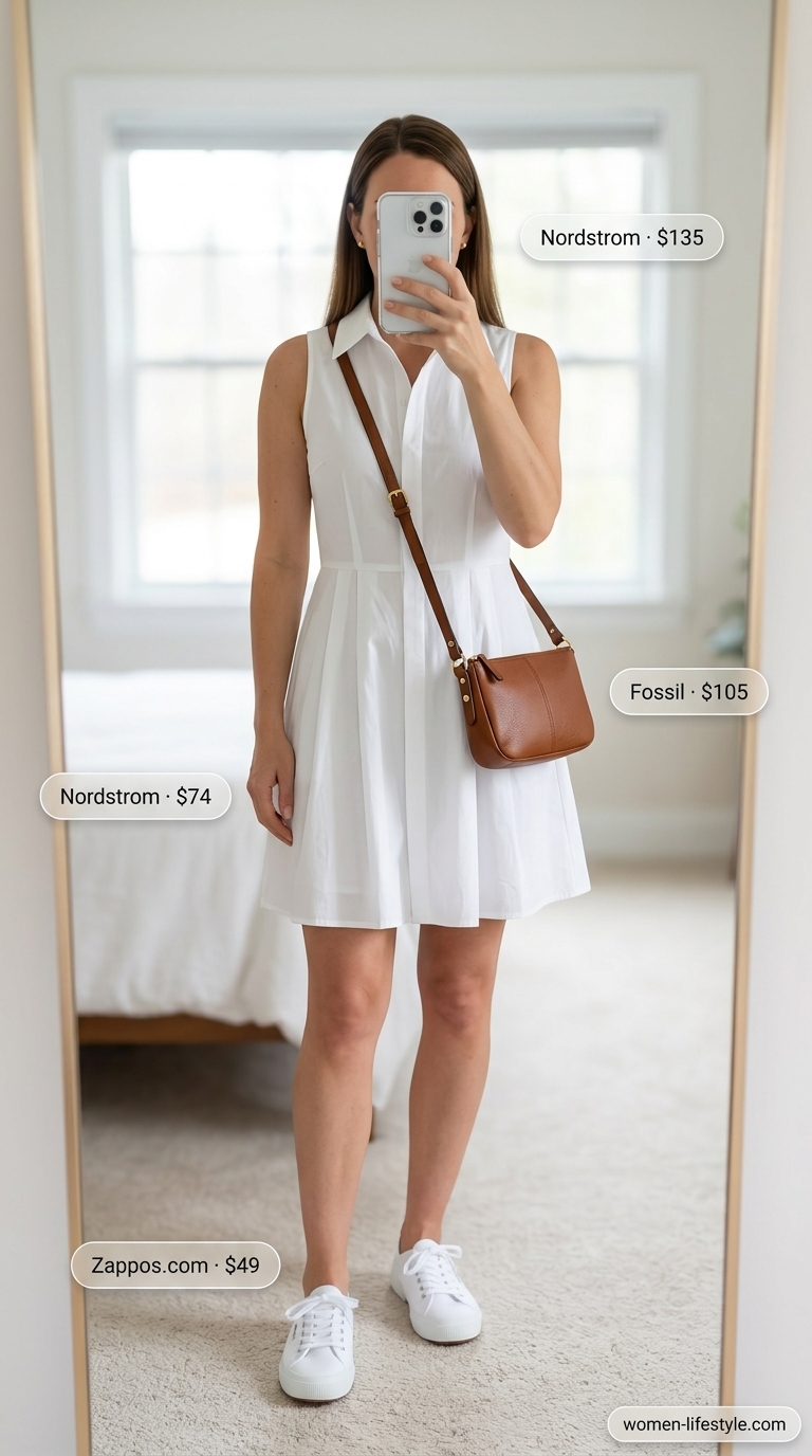 A classic navy blue cotton sleeveless shirt dress with a button-front and tie-waist, paired with white canvas sneakers and a brown leather crossbody, a timeless option for summer cotton sleeveless dresses 2026.