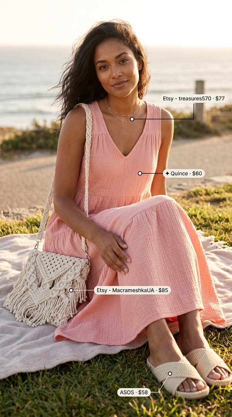 A blush pink tiered sleeveless maxi dress, woven flat sandals, and a macrame bag create a romantic look. See more summer cotton sleeveless dresses 2026.