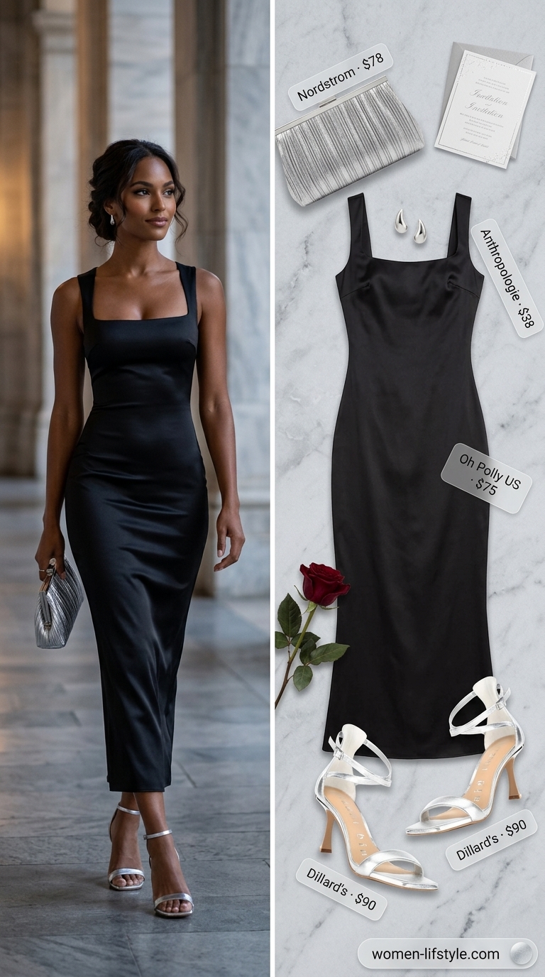 Sophisticated black stretch cotton blend sleeveless bodycon midi dress with a square neckline, styled with delicate silver drop earrings, metallic silver heels, and a black satin clutch for summer cotton sleeveless dresses 2026.