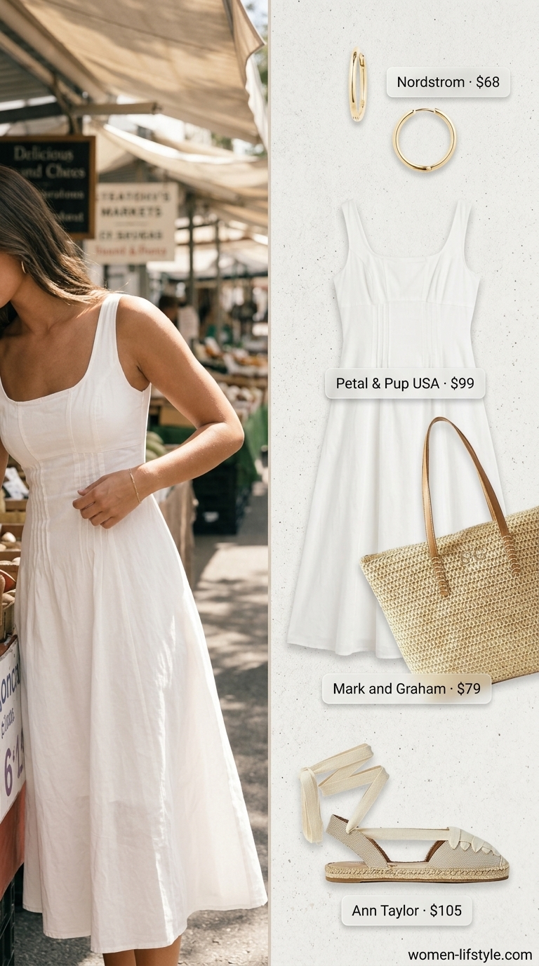Effortless crisp white organic cotton sleeveless A-line midi dress, styled with natural espadrille sandals, delicate gold hoops, and a woven straw tote for summer cotton sleeveless dresses 2026.