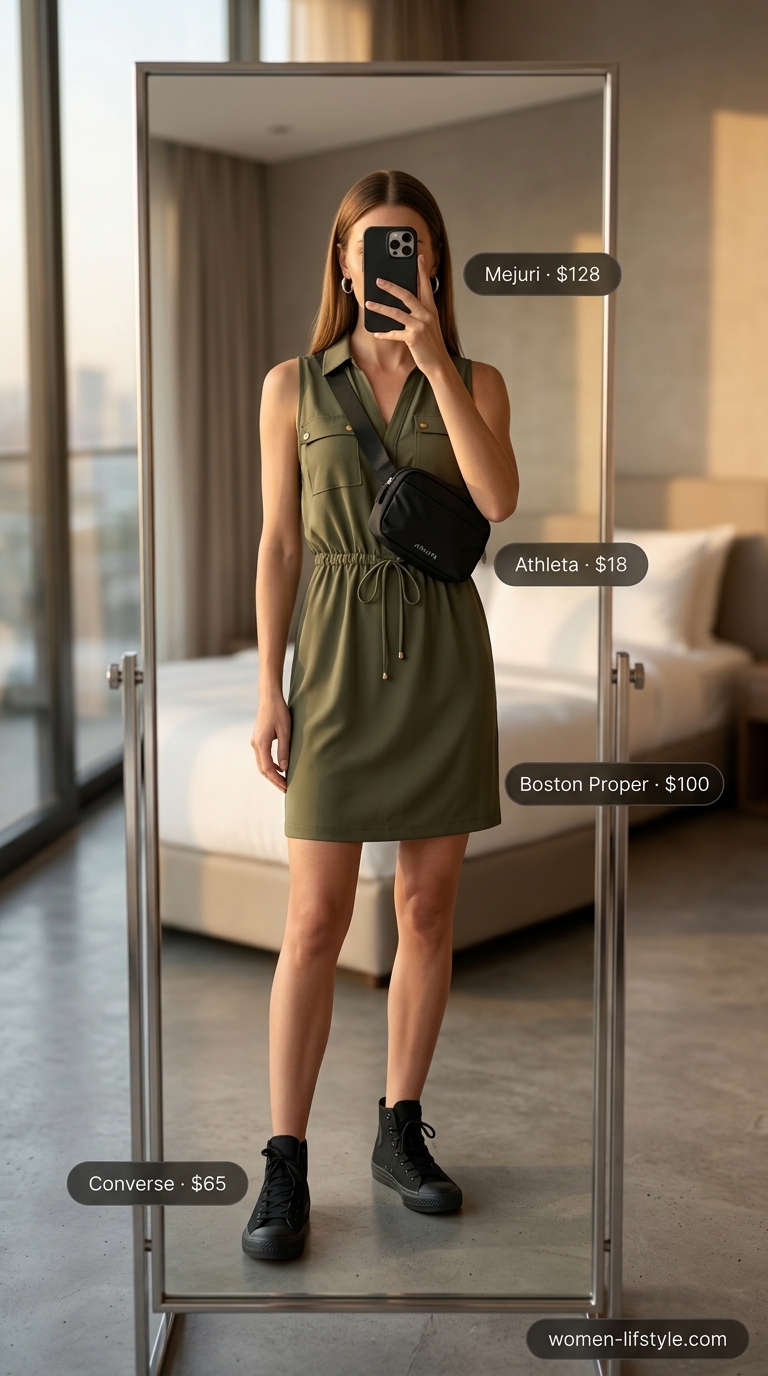 An olive green cotton sleeveless utility dress with patch pockets, black high-top sneakers, and a black belt bag for an edgy urban explorer look. Essential for summer cotton sleeveless dresses 2026.