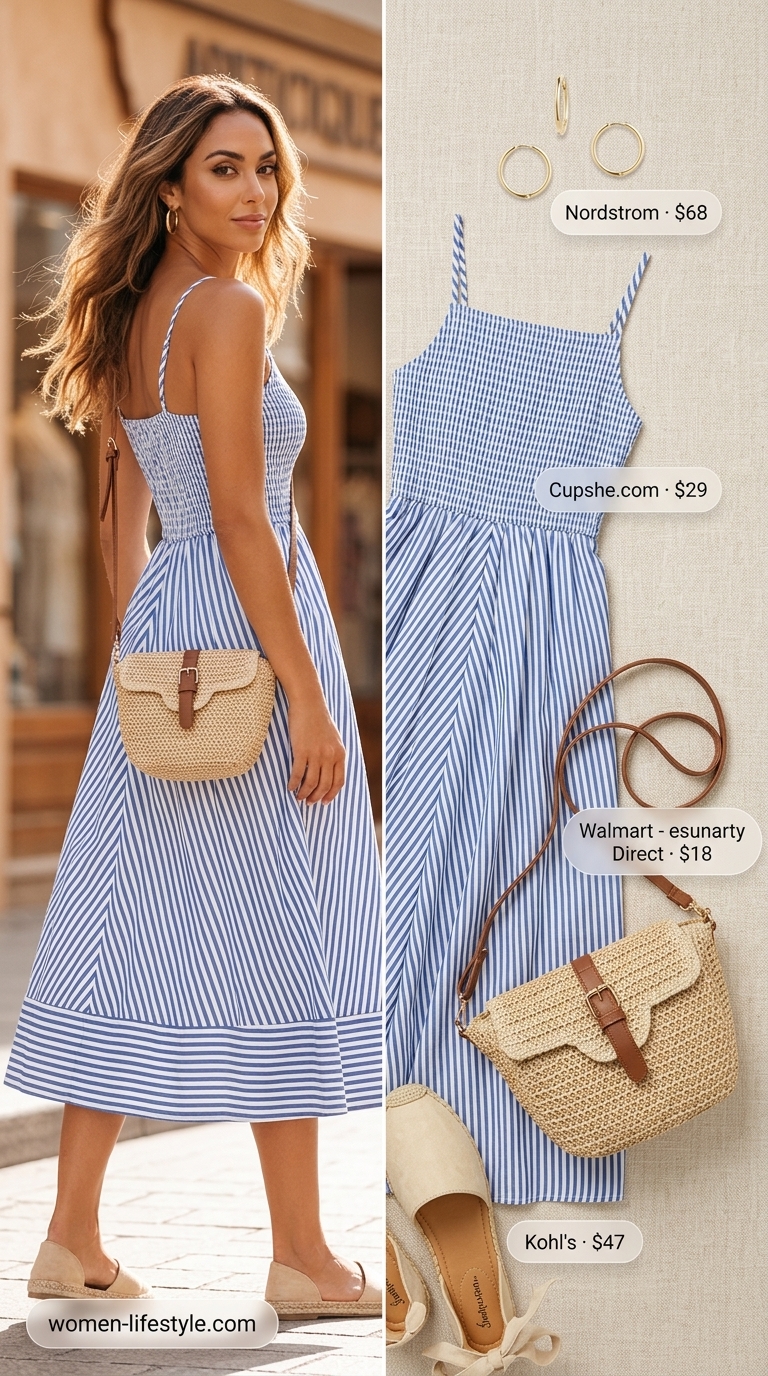 A sky blue and white stripe sleeveless A-line midi dress paired with espadrille sandals and a straw crossbody bag for a charming coastal brunch. Ideal for summer cotton sleeveless dresses 2026.