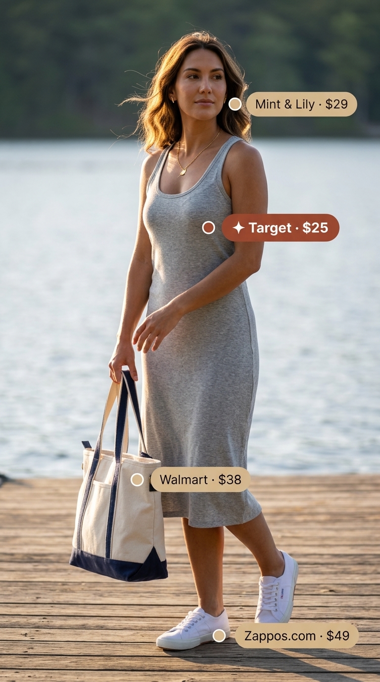 A cozy heather gray sleeveless cotton mini dress, white canvas sneakers, and a canvas tote bag for a relaxed lakeside retreat. Browse summer cotton sleeveless dresses 2026.