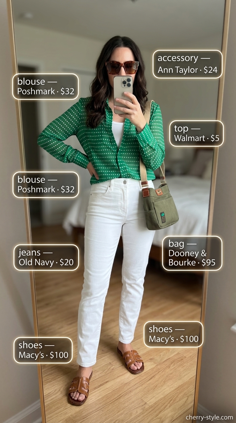 Emerald green polka dot blouse with white jeans for a casual day out. Summer polka dots blouse outfits for women 2026.