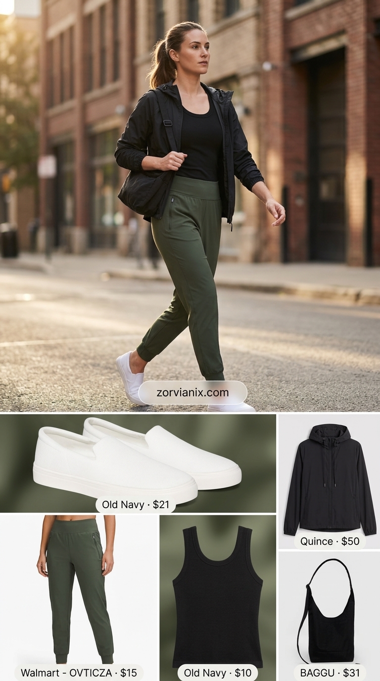 Active Commuter: Summer Activewear for Women 2026 Summer activewear for women 2026: Olive green joggers, black windbreaker, white tank for active commuter.