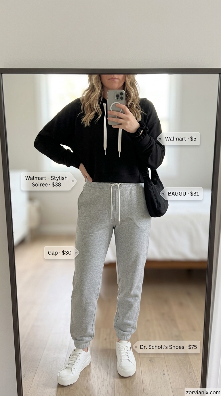 Post-Workout Cozy: Summer Activewear for Women 2026 Summer activewear for women 2026: Grey joggers, black cropped hoodie, white sneakers for post-workout cozy.