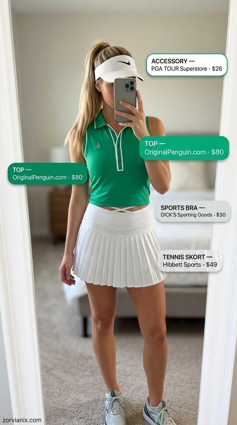 Courtside Confidence: Summer Activewear for Women 2026 Summer activewear for women 2026: White tennis skort, emerald green polo, white visor for courtside confidence.