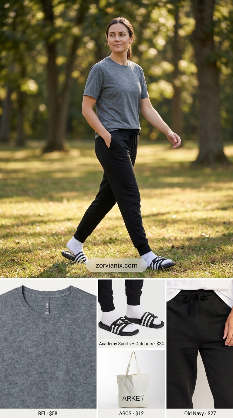 Post-Workout Chill: Summer Activewear for Women 2026 Summer activewear for women 2026: Grey oversized tee, black joggers, white slides for post-workout chill.