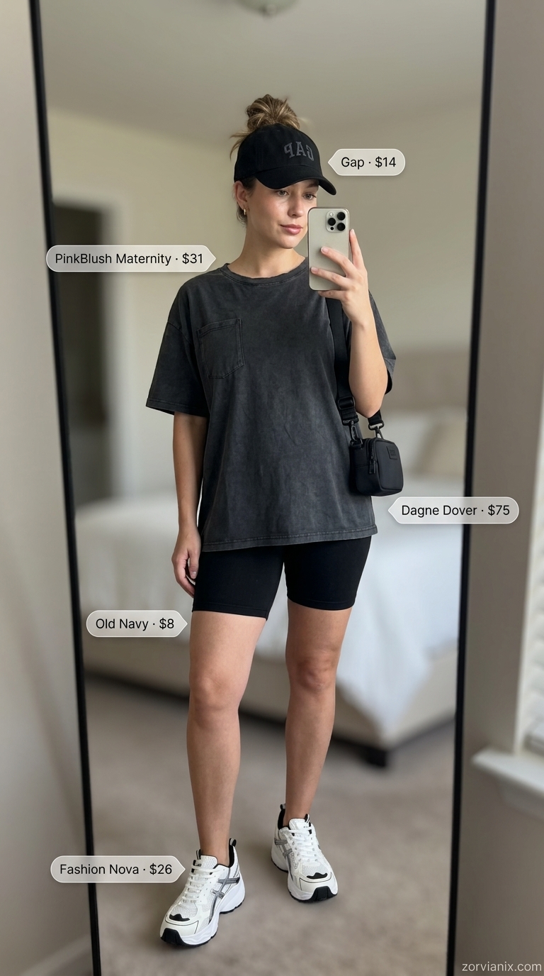 Urban Explorer Cool: Summer Activewear for Women 2026 Summer activewear for women 2026: Grey graphic tee, black biker shorts, chunky sneakers for urban explorer cool.