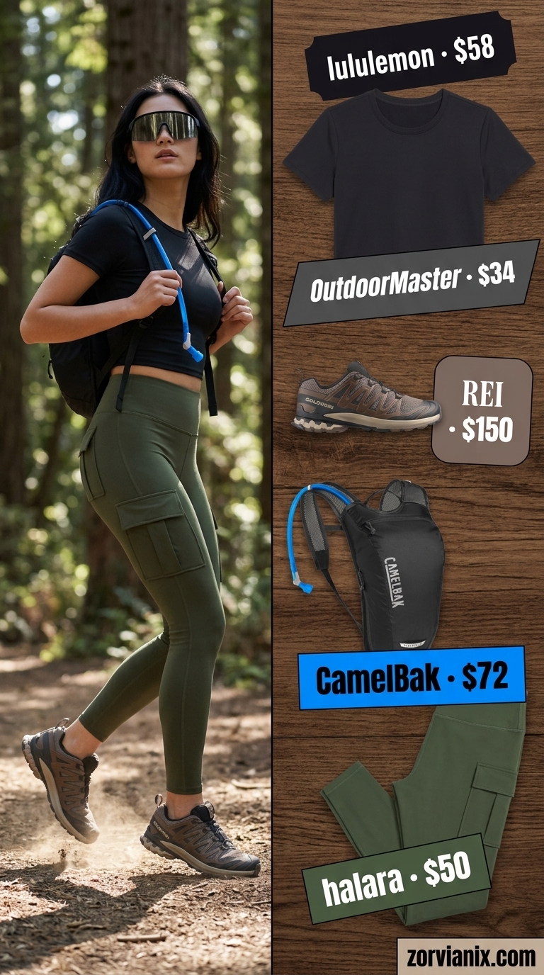 Summer Activewear for Women 2026: Trailblazer Trek Forest green cargo leggings & black crop top for adventurous summer activewear for women 2026.