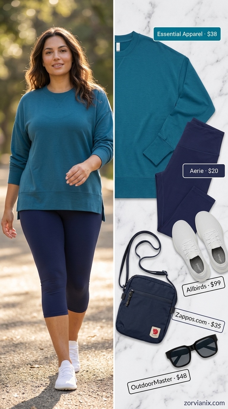 Park Stroll & Play: Summer Activewear for Women 2026 Summer activewear for women 2026: Navy leggings, coral tunic top, white sneakers for park stroll & play.