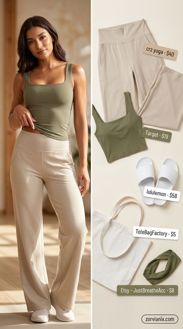 Summer Activewear for Women 2026: Yoga Pants Summer activewear for women 2026: Oatmeal yoga pants, olive green tank, and white slides for yoga.