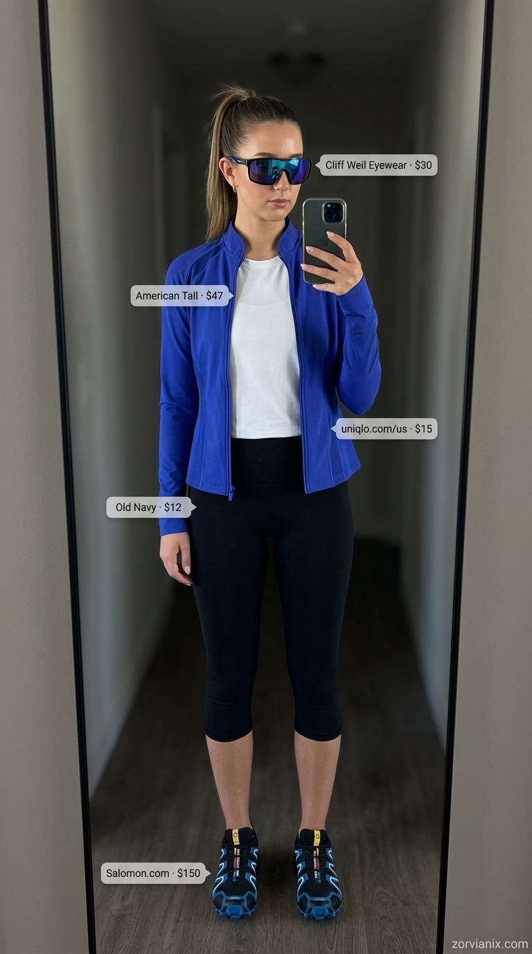 Summer Activewear for Women 2026: Outdoor Trek Gear Summer activewear for women 2026: Cobalt blue jacket, black capris, and trail running shoes for outdoor trek.