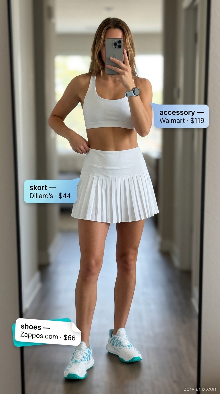 Summer Activewear for Women 2026: Resort Skort Summer activewear for women 2026: White skort, sky blue polo, and white athletic shoes for active resort wear.