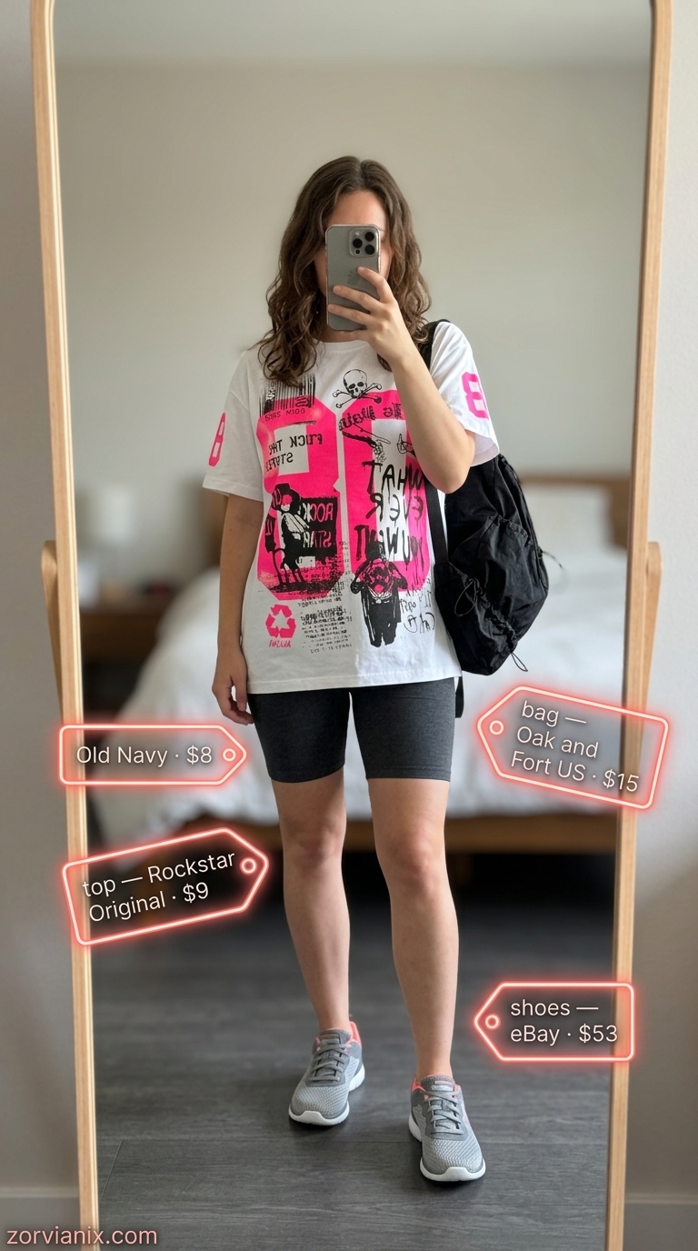 Summer Activewear for Women 2026: Errands Outfit Summer activewear for women 2026: Grey graphic tee, coral biker shorts, and chunky white sneakers for active errands.