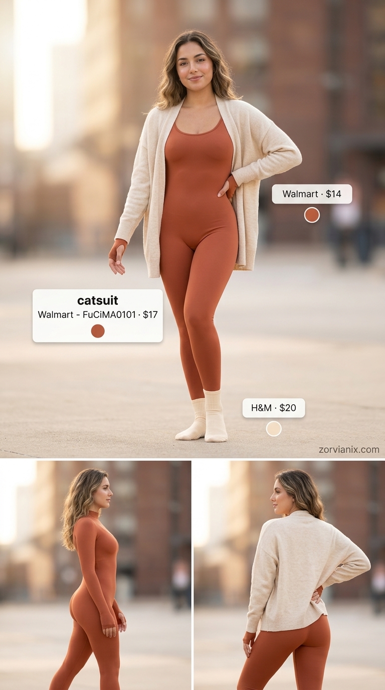 Summer Activewear for Women 2026: Studio Unwind Terracotta unitard & cream cardigan for serene summer activewear for women 2026 yoga and lounge.