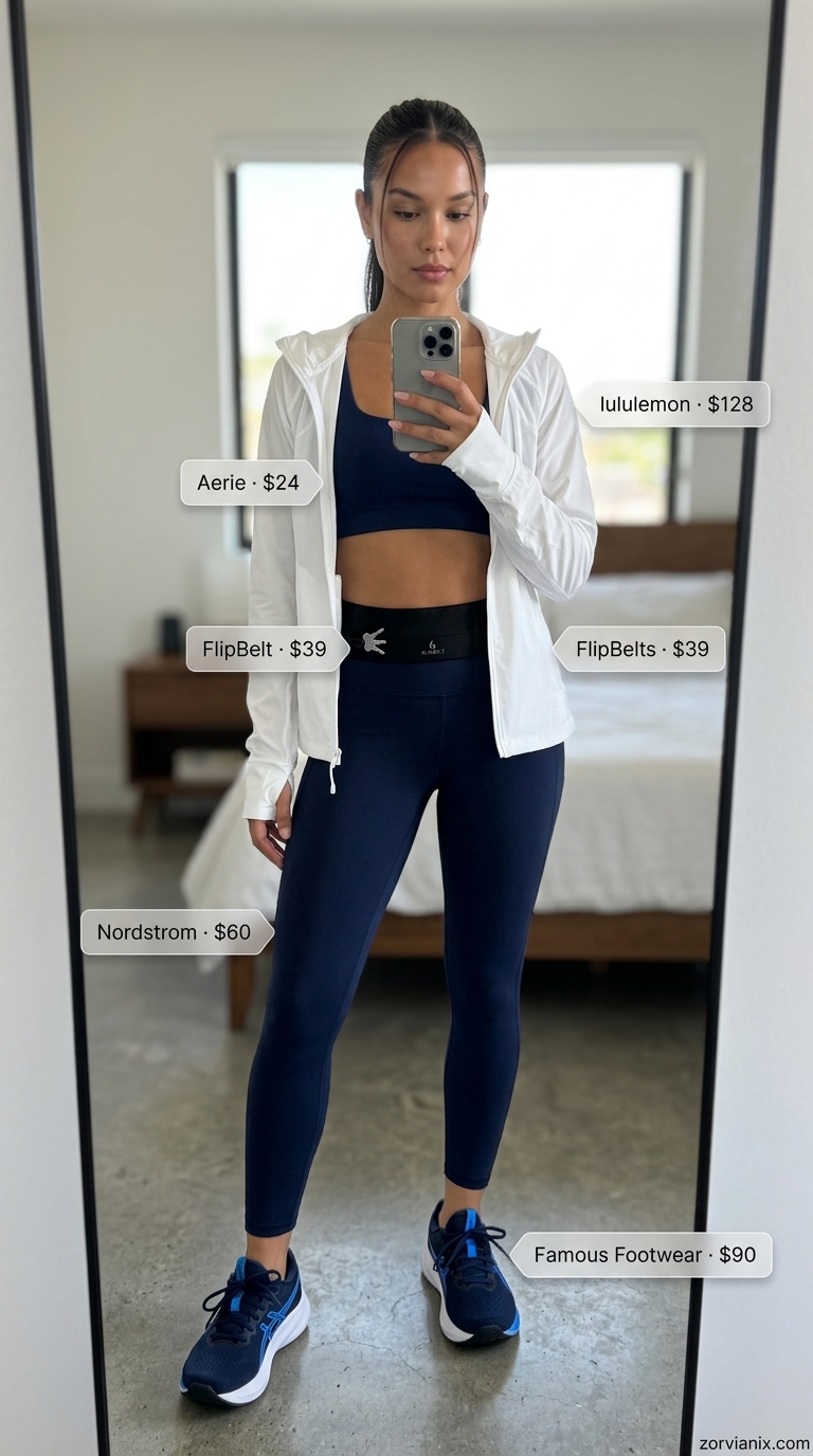 Summer Activewear for Women 2026: Sunrise Run Navy windbreaker & electric blue sports bra for energetic summer activewear for women 2026 runs.