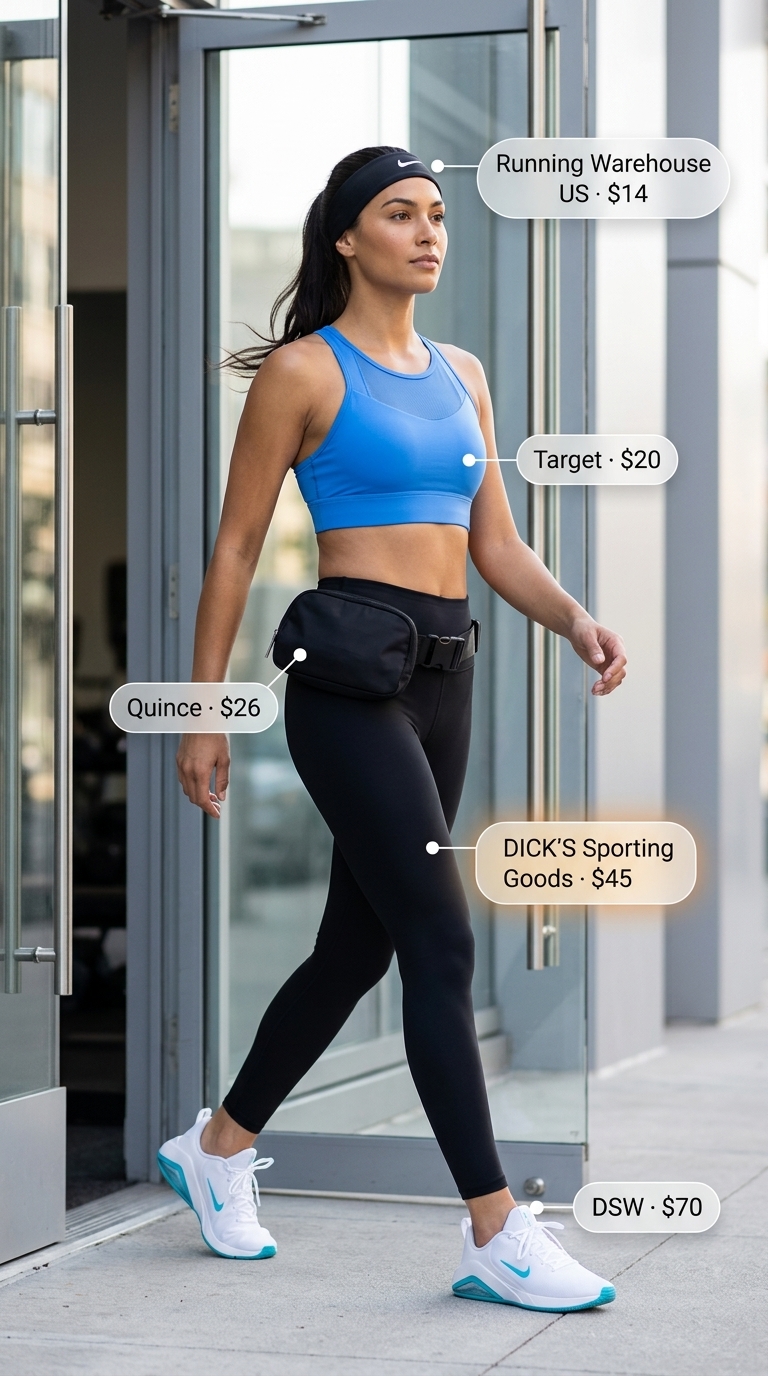 Summer Activewear for Women 2026: HIIT Leggings Summer activewear for women 2026: Black leggings, electric blue sports bra, and white cross-training sneakers for HIIT.
