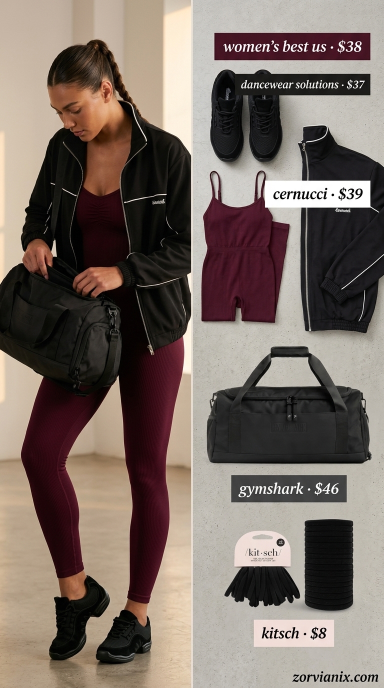 Summer Activewear for Women 2026: Dance Diva Burgundy unitard & black jacket for sleek summer activewear for women 2026 dance class.