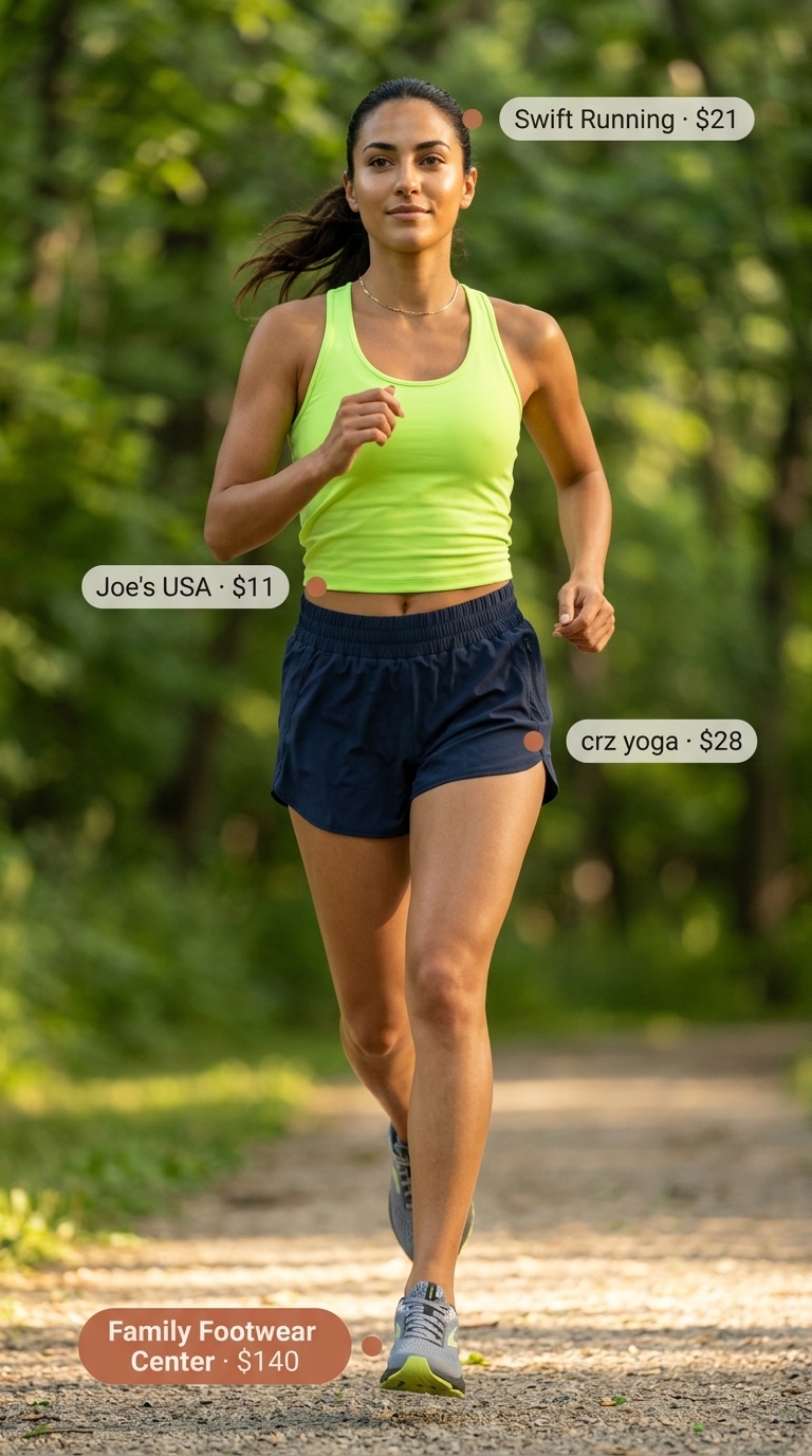 Summer Activewear for Women 2026: Park Run Neon green tank top & navy shorts for light summer activewear for women 2026 running.