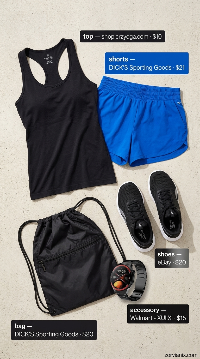 Summer Activewear for Women 2026: HIIT Workout Gear Summer activewear for women 2026: Electric blue running shorts, black tank, and cross-training sneakers for HIIT.