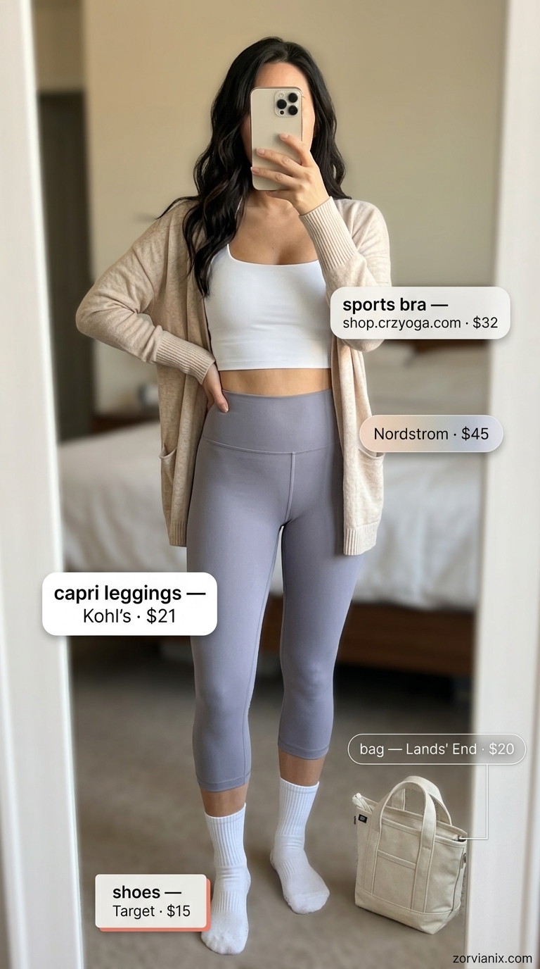 Summer Activewear for Women 2026: Flow & Restore Lavender capri leggings & white sports bra for relaxed summer activewear for women 2026 yoga.