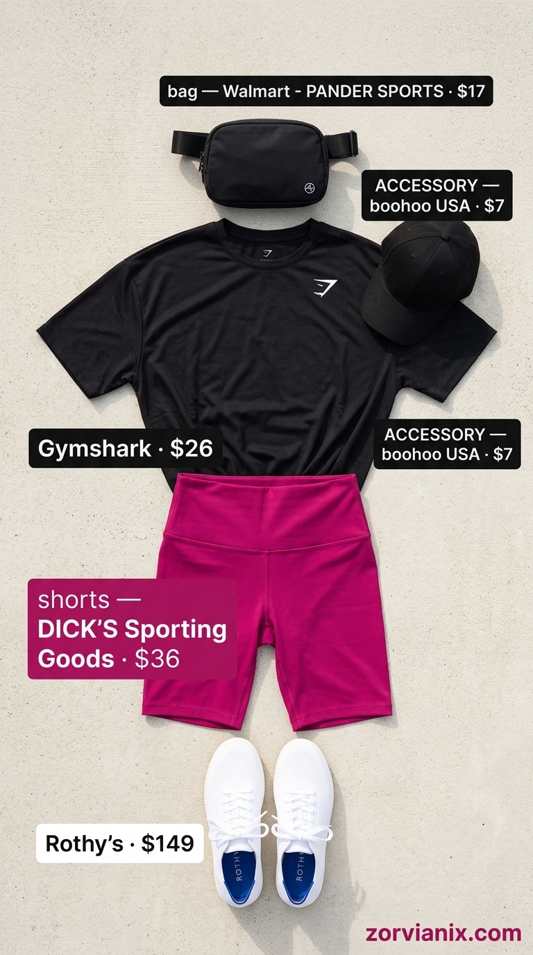 Summer Activewear for Women 2026: Cycling Style Summer activewear for women 2026: Dusty rose biker shorts, charcoal oversized tee, and white sneakers for cycling.