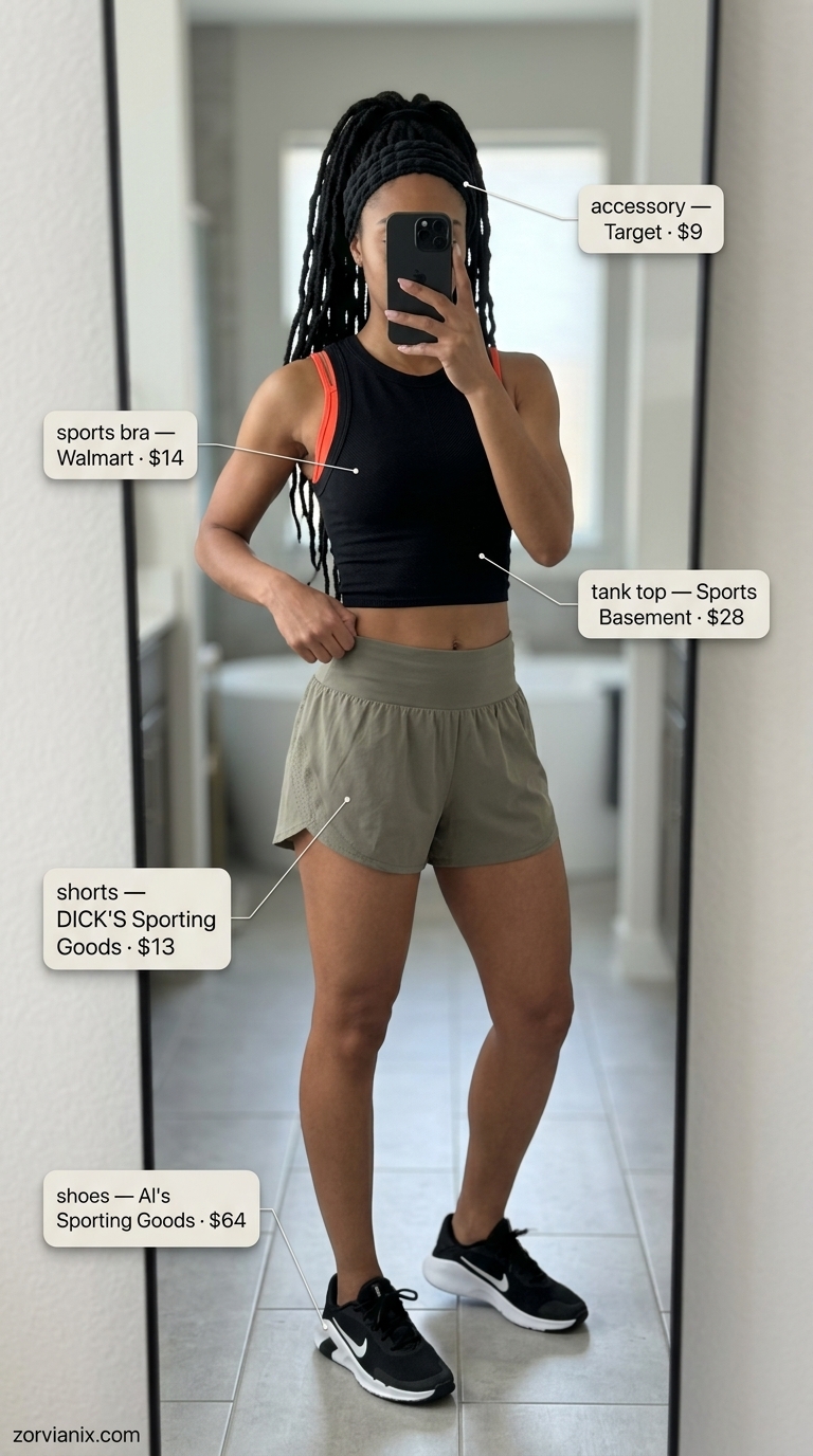 Weekend Warrior: Summer Activewear for Women 2026 Summer activewear for women 2026: Orange sports bra, black muscle tank, khaki shorts for weekend warrior vibes.