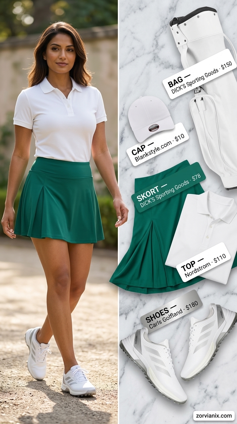 Fairway Flair: Summer Activewear for Women 2026 Summer activewear for women 2026: Emerald green skort, white polo, white cap for fairway flair.