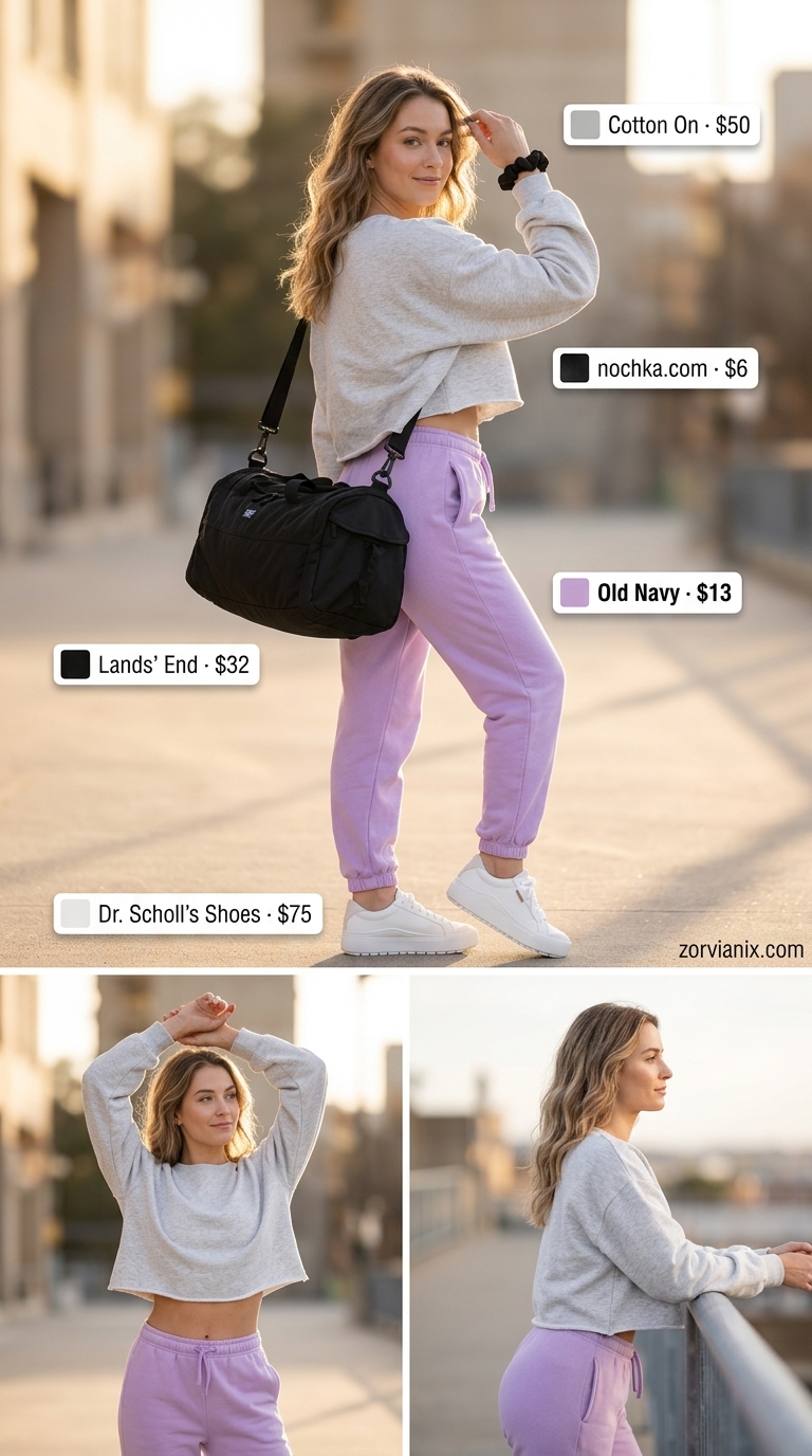 Summer Activewear for Women 2026: Post-Workout Chill Lavender joggers & grey sweatshirt for cozy summer activewear for women 2026 post-workout.