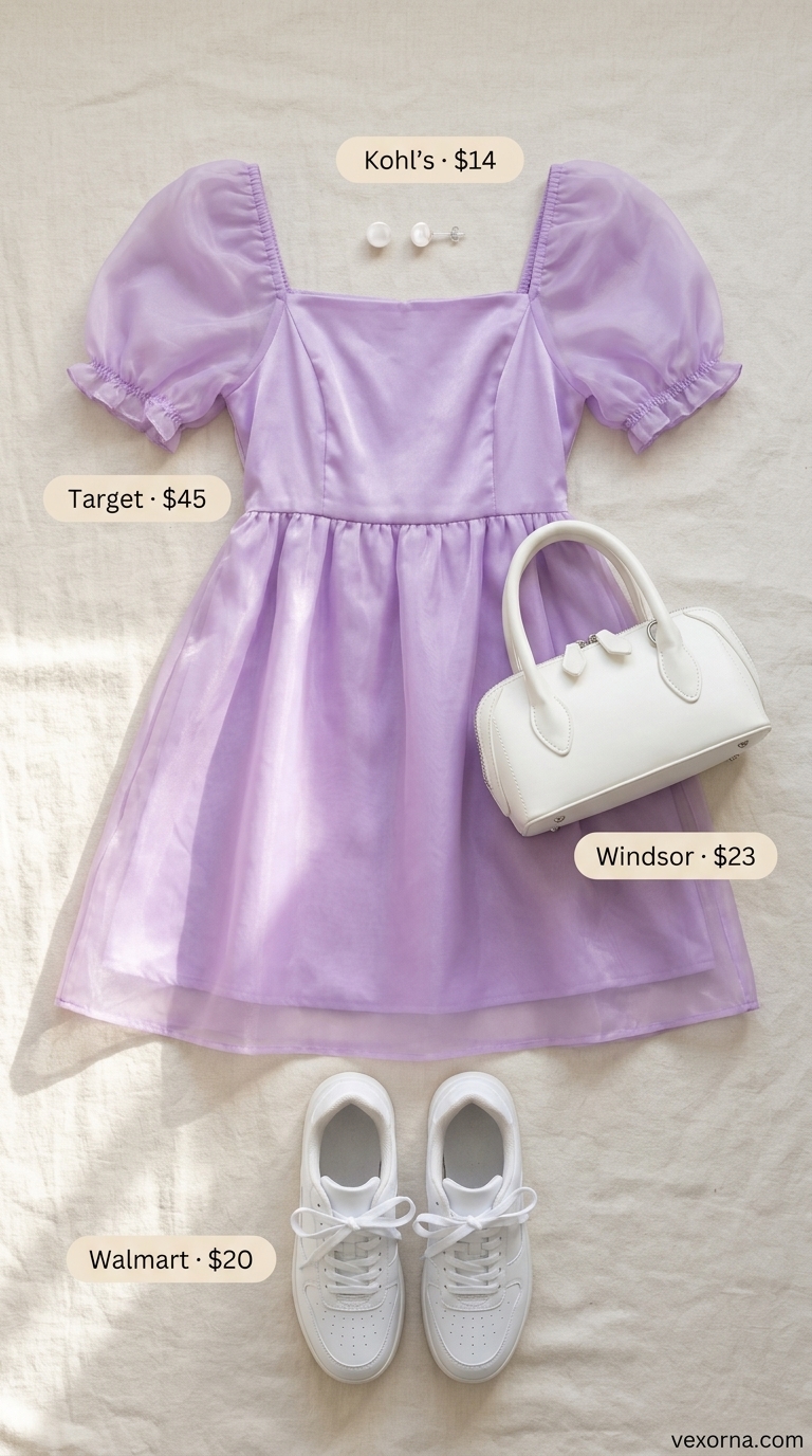 Trendy oversized summer outfit 2026: Lavender babydoll dress, white sneakers, and pearl earrings for a garden party.
