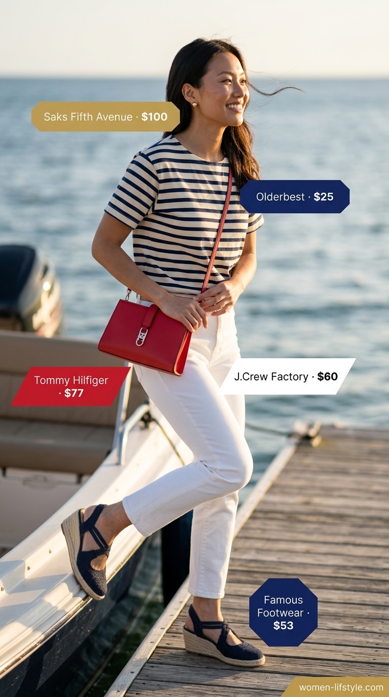 Lightweight Pant Outfits for Women Summer 2026: Preppy Weekend Lightweight pant outfits for women summer 2026: White denim pants, Breton top, red crossbody bag, espadrilles.