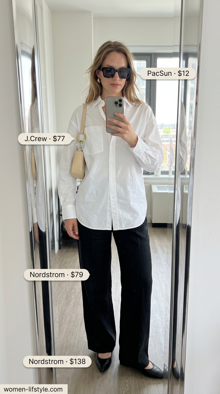 Chic Summer Outfits 2026 Parisian summer outfit: Black linen pants, white oversized shirt, ballet flats. Lightweight pant outfits for women summer 2026.