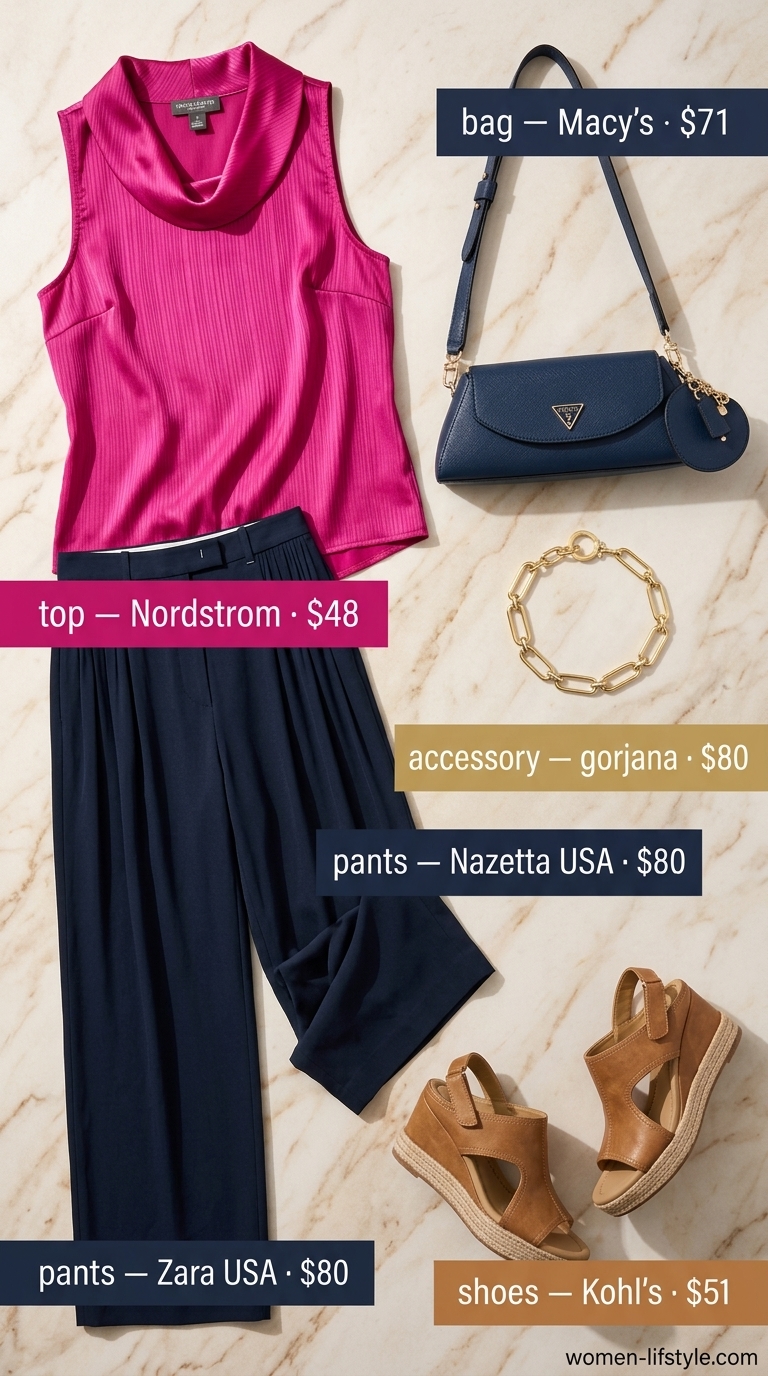 Resort Outfits 2026 Riviera rendezvous outfit: Navy wide-leg pants, coral cowl neck blouse, gold jewelry. Lightweight pant outfits for women summer 2026.